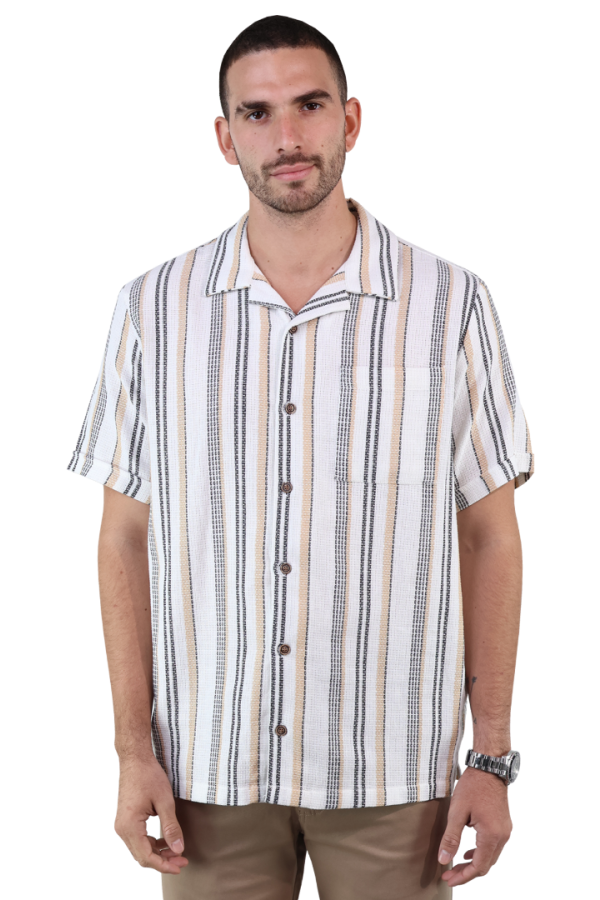Camisa Estilo Resort De Algodón Manga Corta Estampado Vertical Para Hombre